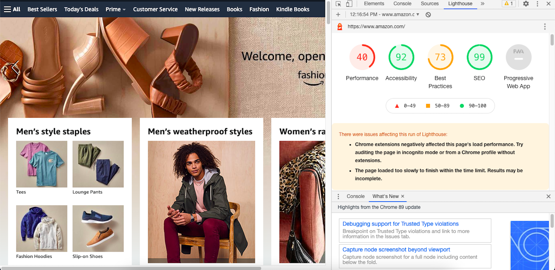 A sample Google Lighthouse audit of the Amazon website