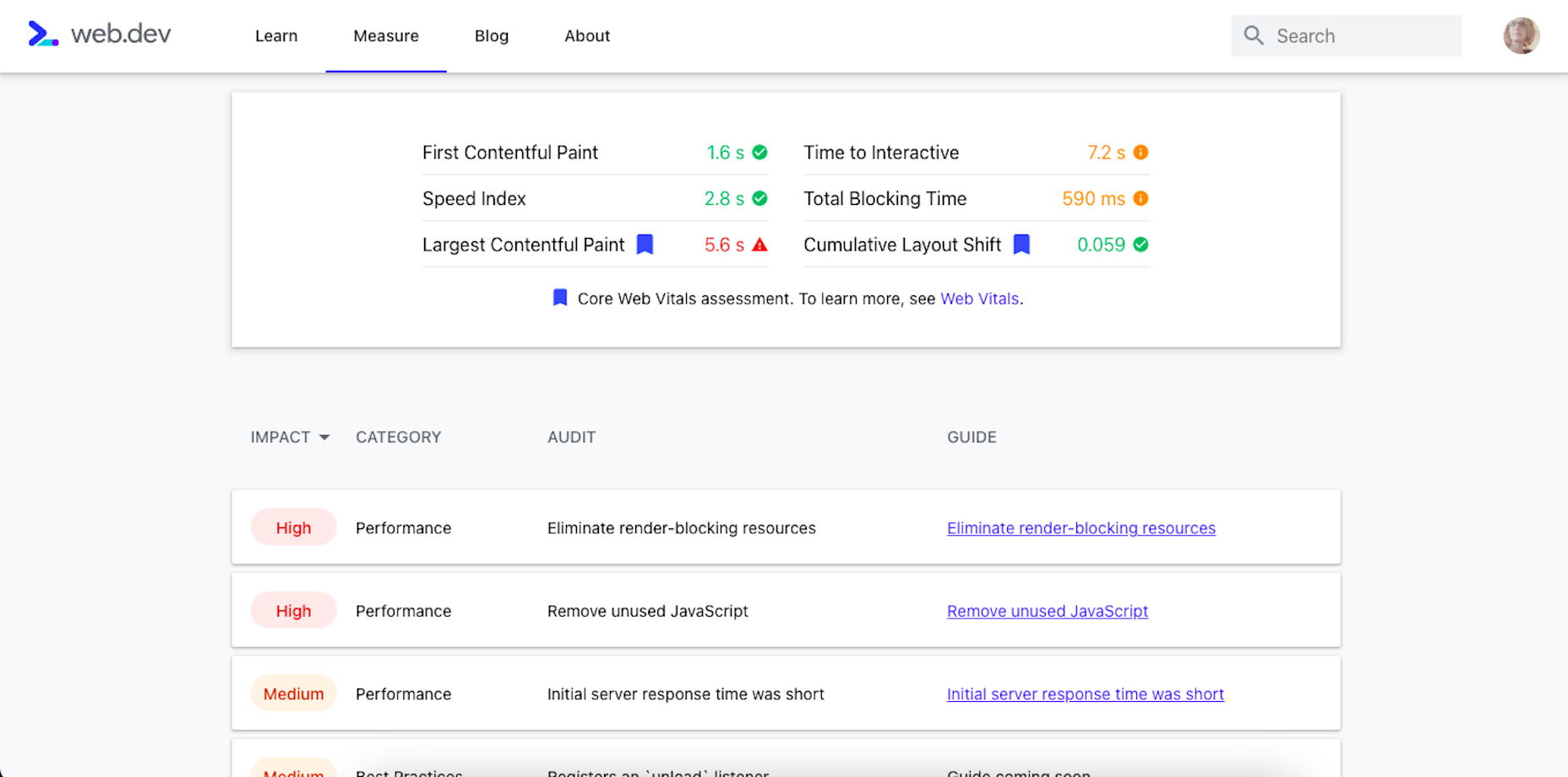 Performance suggestions from the Core Web Vitals tool