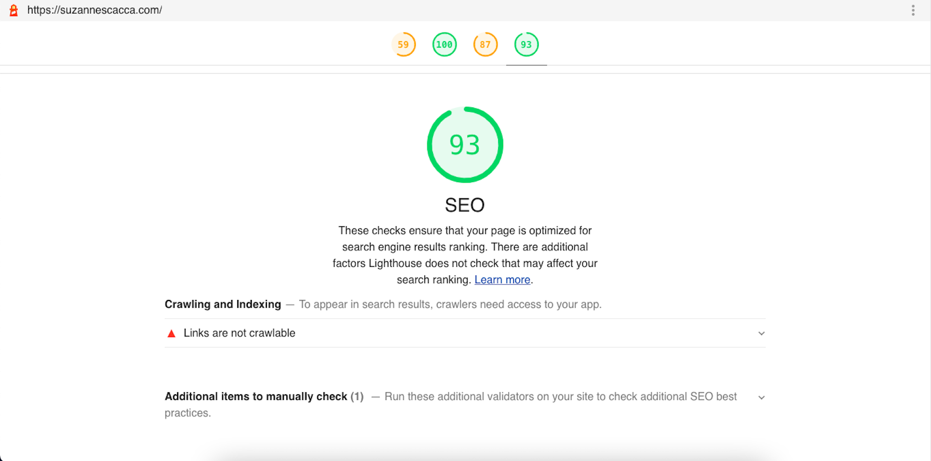 A sample Core Web Vitals SEO report with suggestions