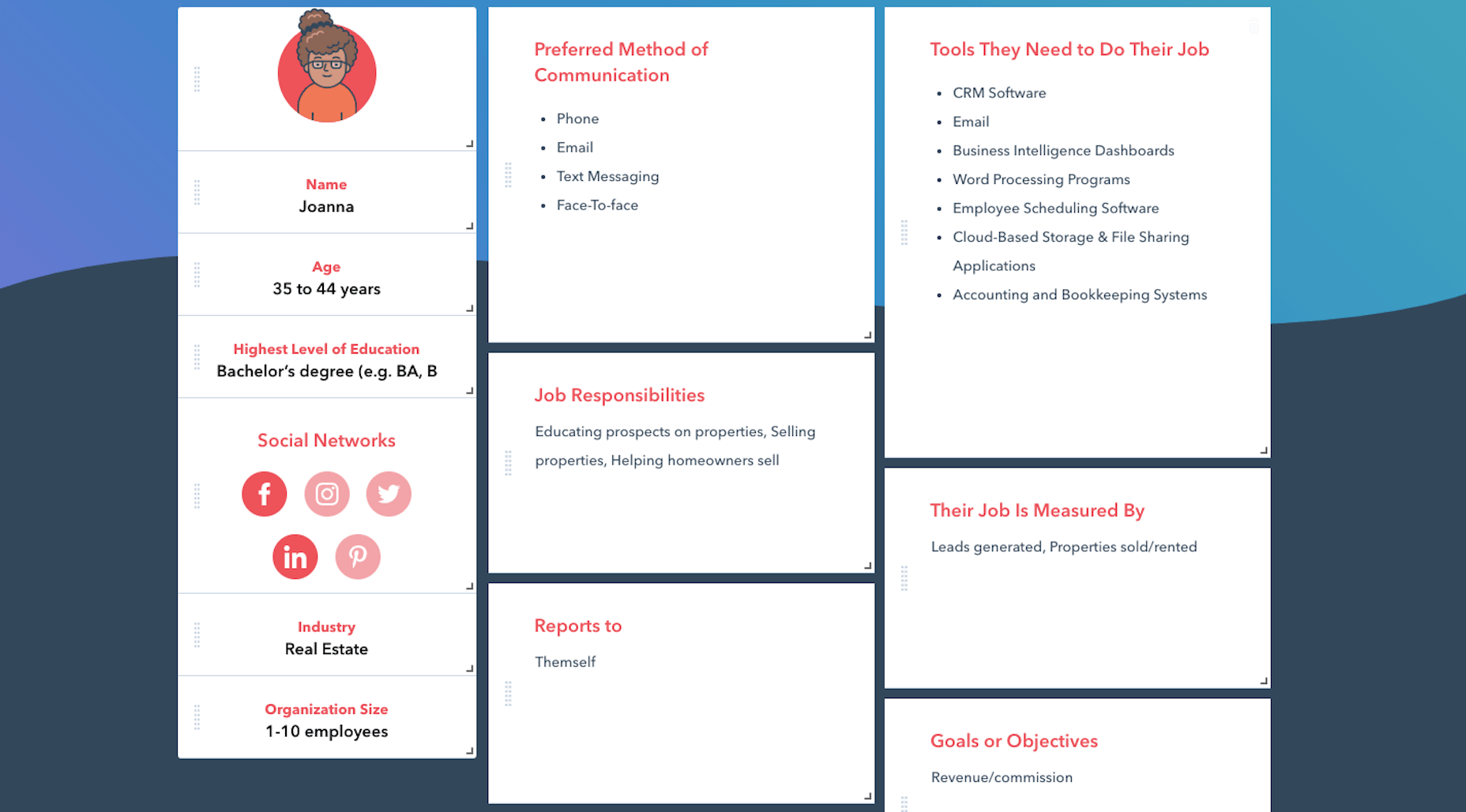 Branding 101: Choosing the Right Business Name An example user persona card generated using Hubspot's Make Your Persona generator