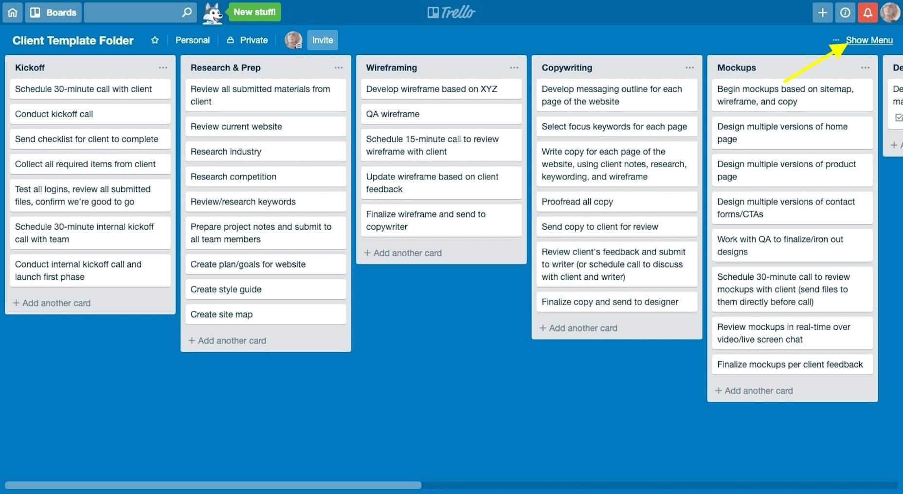 7 Steps to Successfully Onboarding Design Clients Trello-Show-Menu