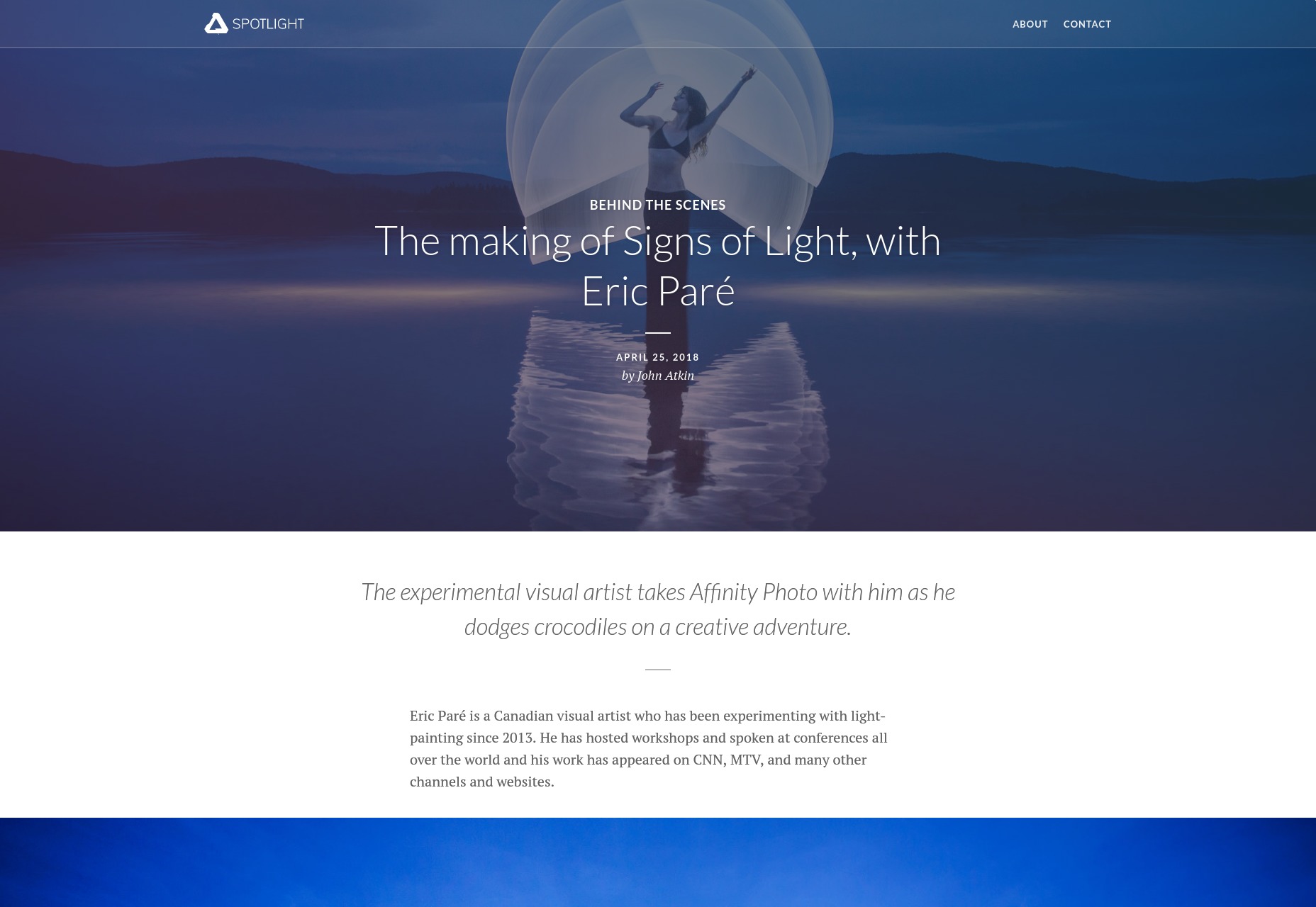 Affinity Launches Spotlight An example article from the Inspiration section, featuring Eric Pare.