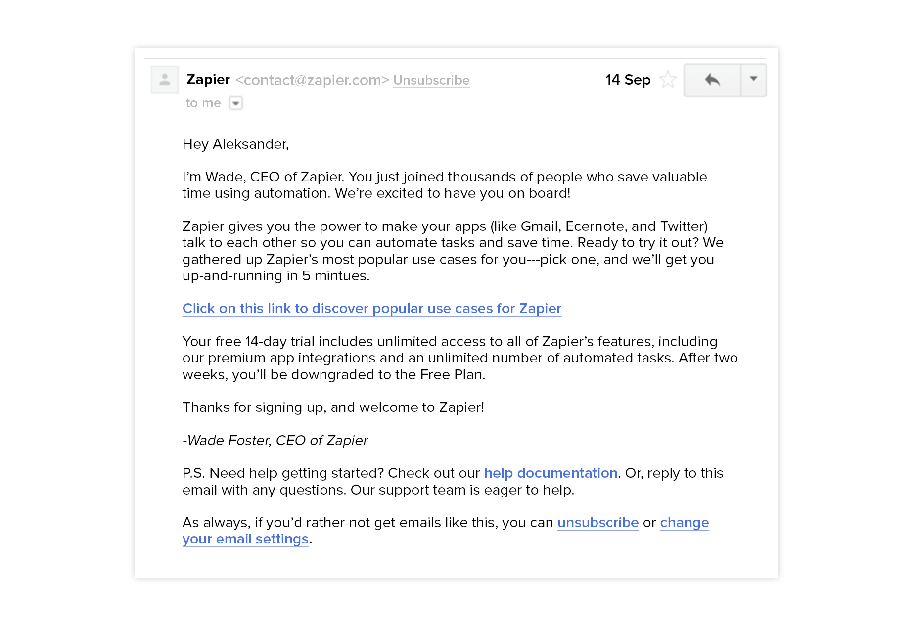 Ultimate UX Design Guide to SaaS On-Boarding, Part 2: Welcome Email 1_zapier