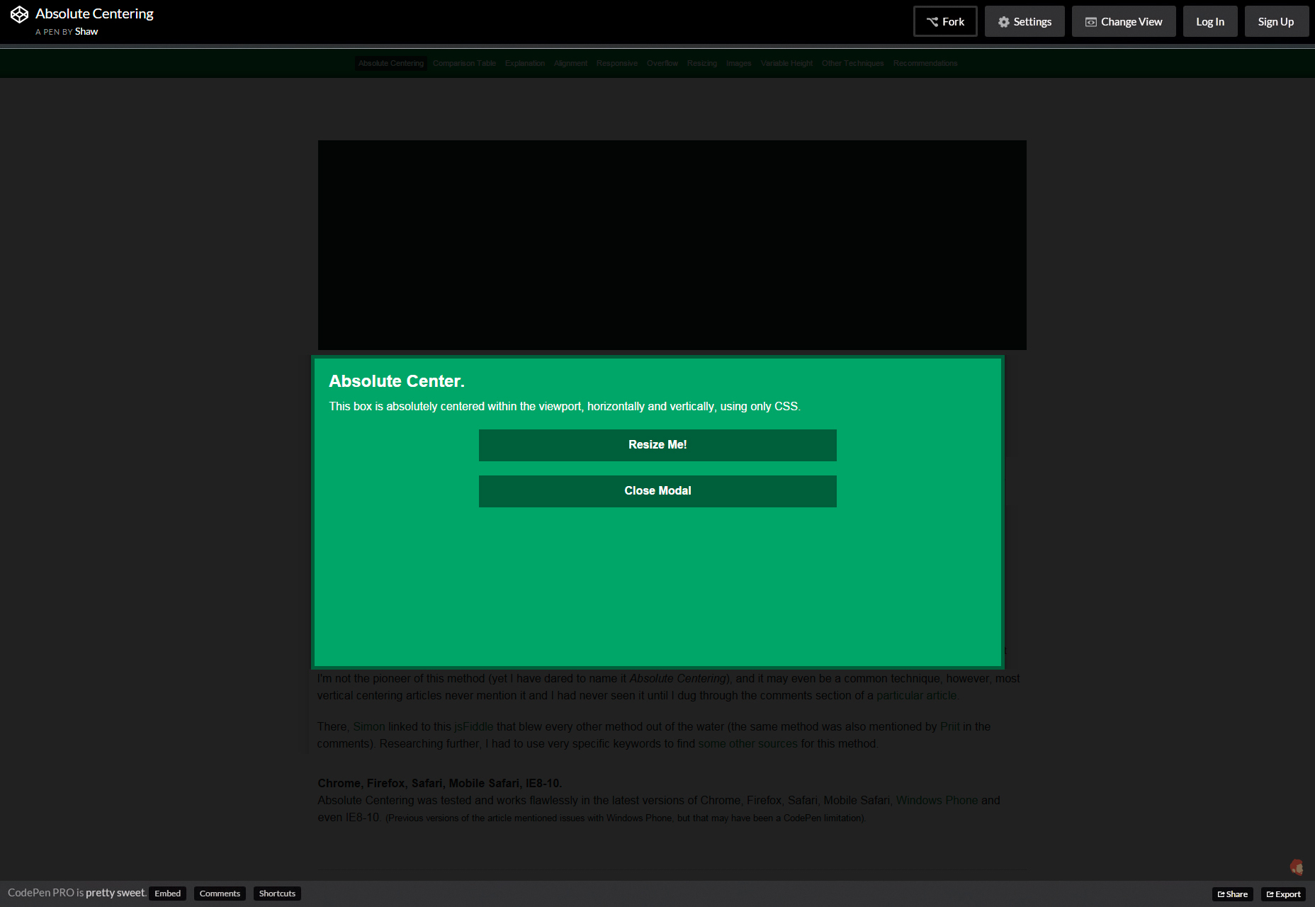 50+ fresh resources for designers, February 2016 Pure CSS Absolute Viewport Center Snippet