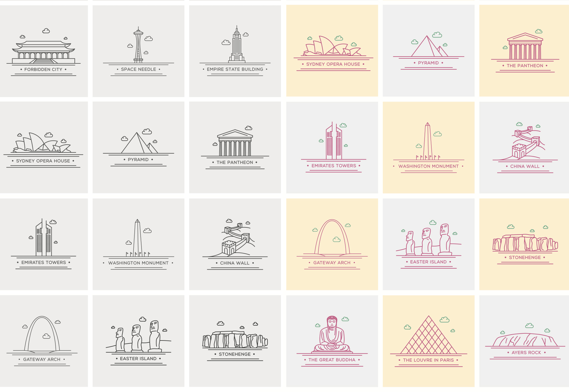 50+ fresh resources for designers, November 2015 World Landmark Line Vector Icons