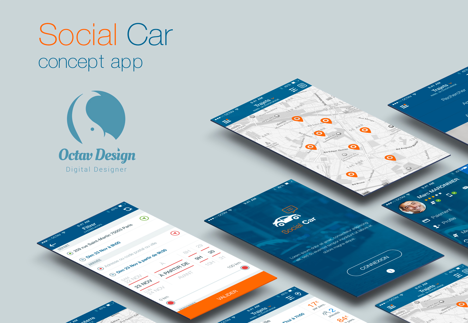 50+ fresh resources for designers, November 2015 Social Car Concept Sketch UI Kit