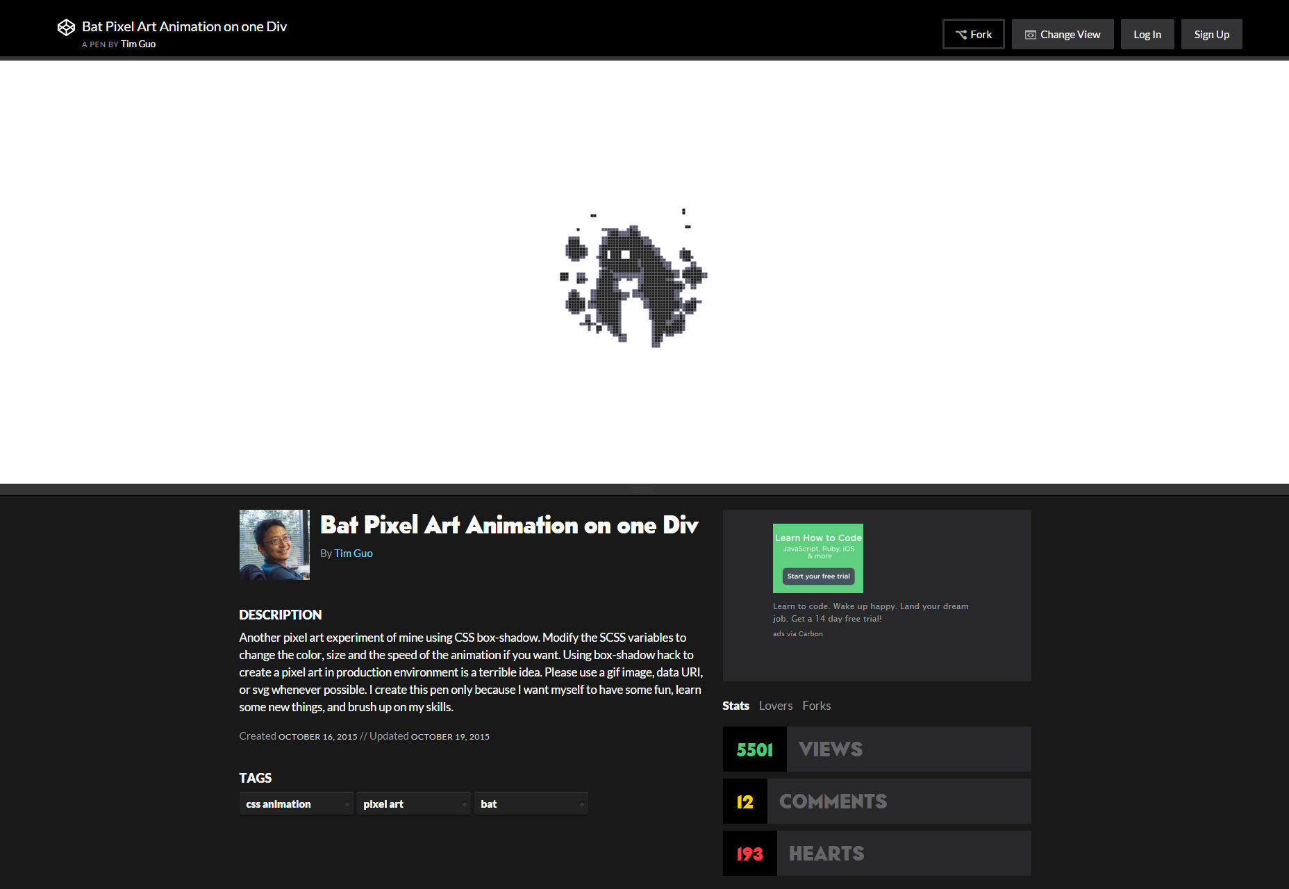 50+ fresh resources for designers, November 2015 Bat Pixel Style CSS Animation