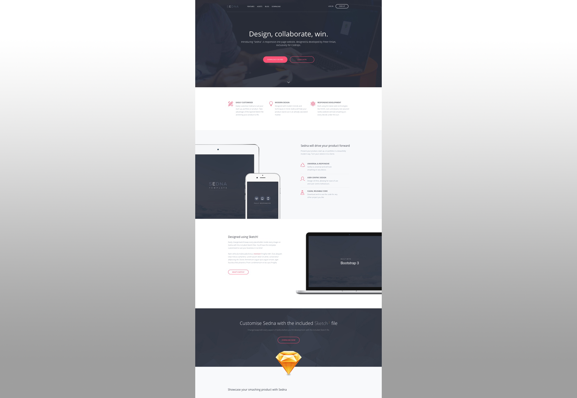 50 incredible freebies for web designers, September 2015 Sedna: One Page Website HTML & Sketch Theme