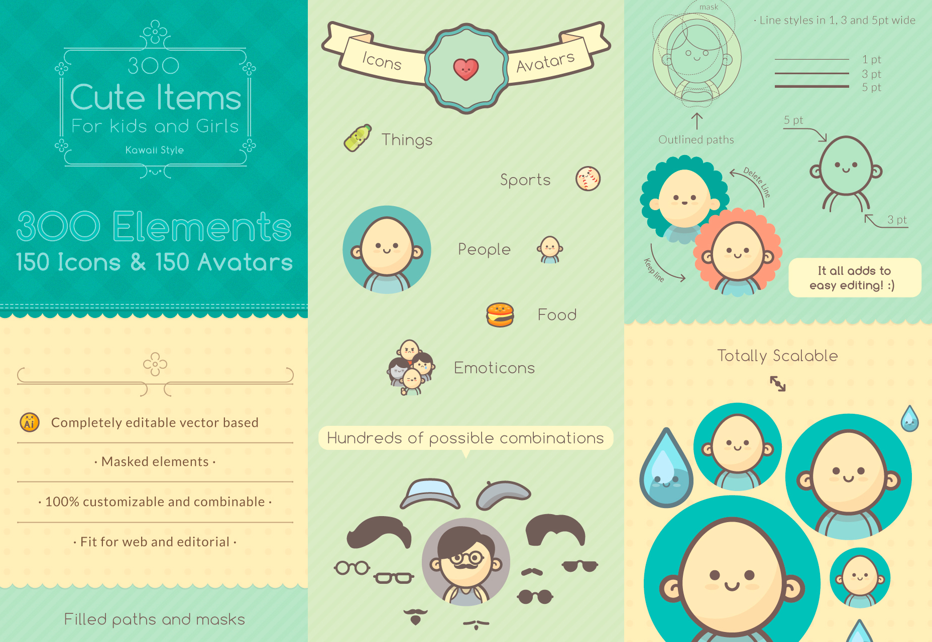 50+ incredible freebies for web designers, June 2015 300 Cute Icons and Avatars in Kawaii Style