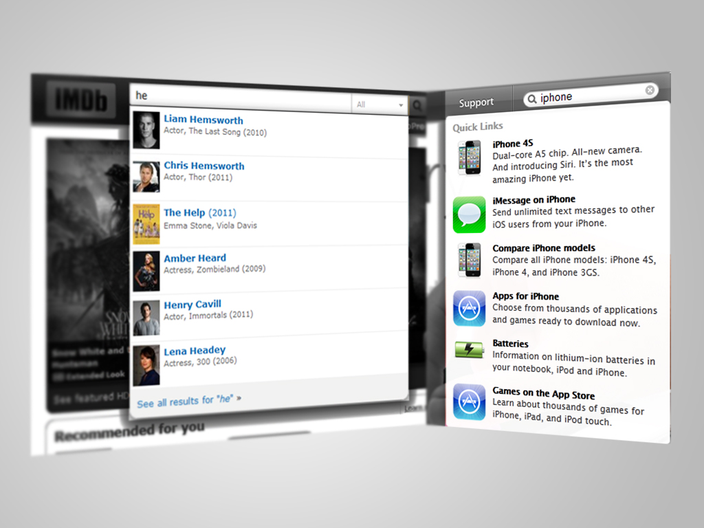 FoxyComplete — advanced autocomplete search with images IMDB and Apple Websites type Search Feature with Images and Autocomplete Results