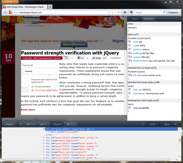 The Firefox HTML inspector, expanded. The Firefox HTML inspector, expanded.
