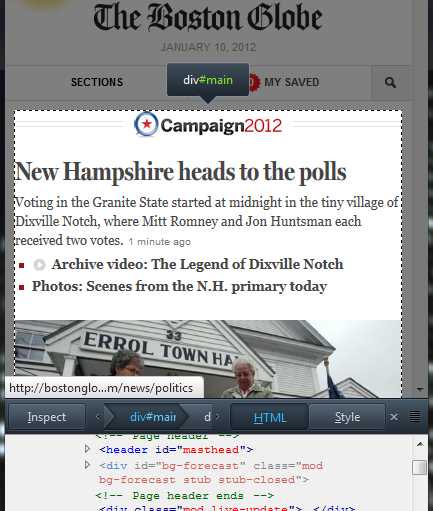 The Firefox HTML inspector used to analyze a responsive design The Firefox HTML inspector used to analyze a responsive design