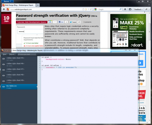 Firefox 11's CSS editor Firefox 11's CSS editor