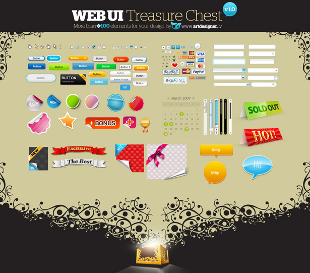50+ PSD UI Web design elements treasurechest