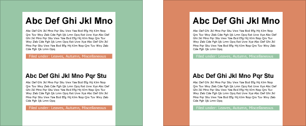 Applying Color Schemes Requires Seeing Them Anew examples of powerful red and subtle green backgrounds on the same page design