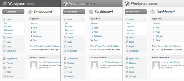 Designing for Over Twenty Million Users: WordPress 3.0 WordPress Mockup Comparisons