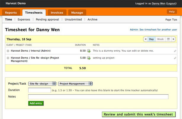 Showcase of Great Web App Interfaces Harvest App Interface