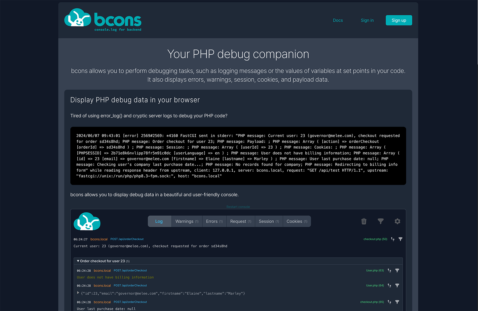 Exciting New Tools for Designers, October 2024 bcons is a php console that is added to your browser devtools. Inspect variable values, errors, and warnings without wading through error logs and var dumps.