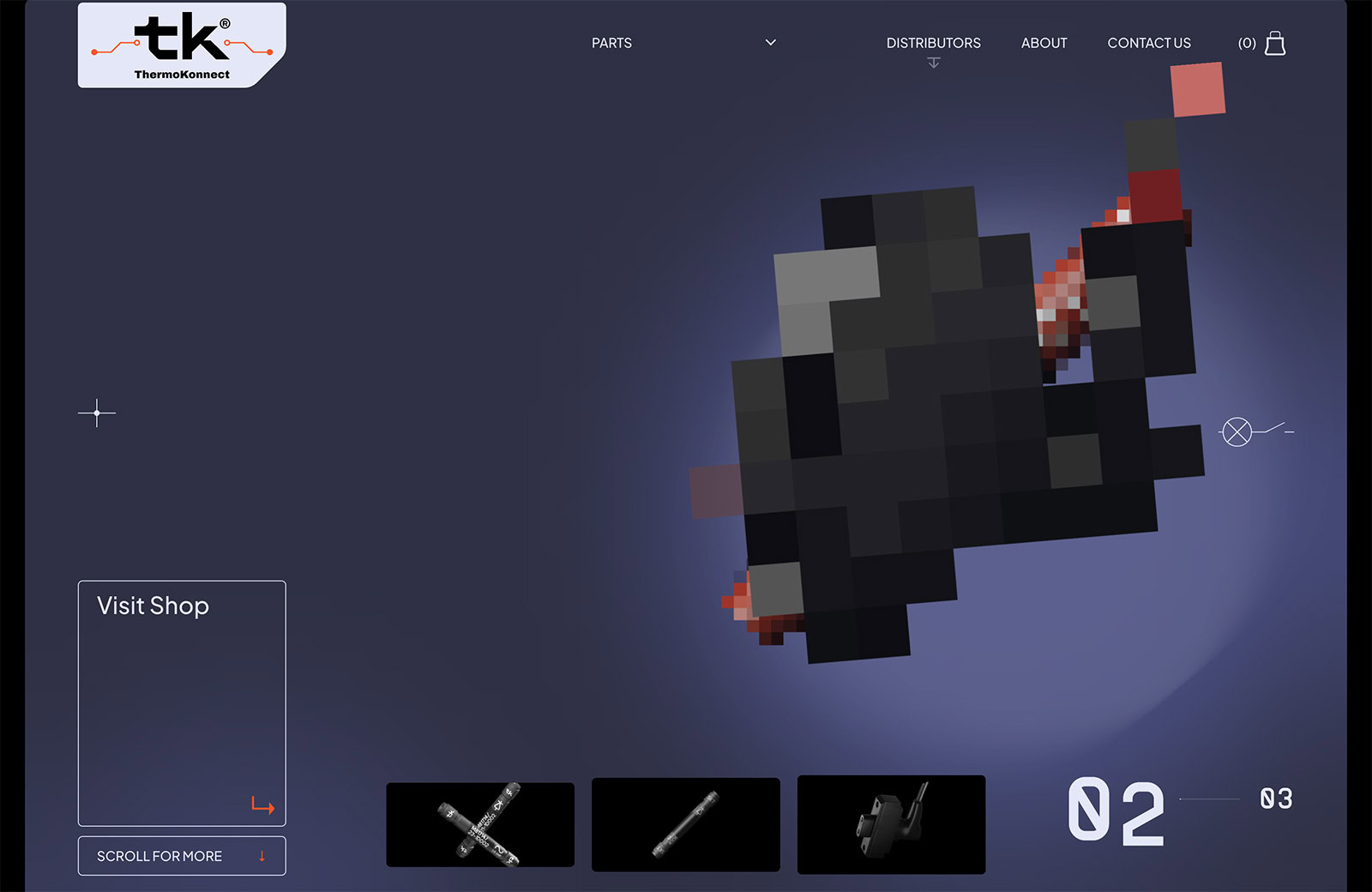The pixelated images resolving to 3D models of products are an appealing feature here. On scroll animation helps to keep the user feeling engaged.