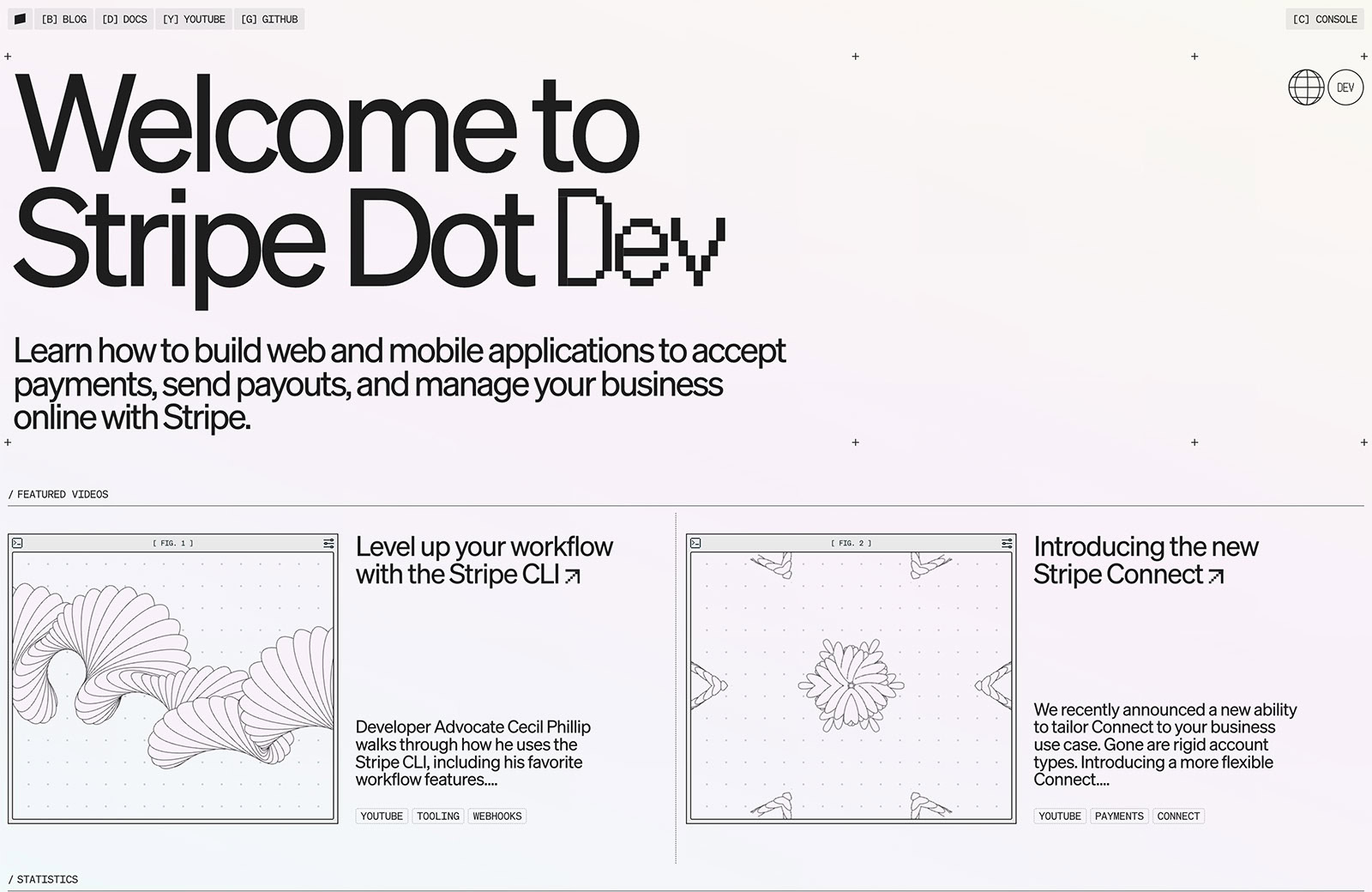 This is a resource hub for Stripe developers, with videos, articles, and community links.