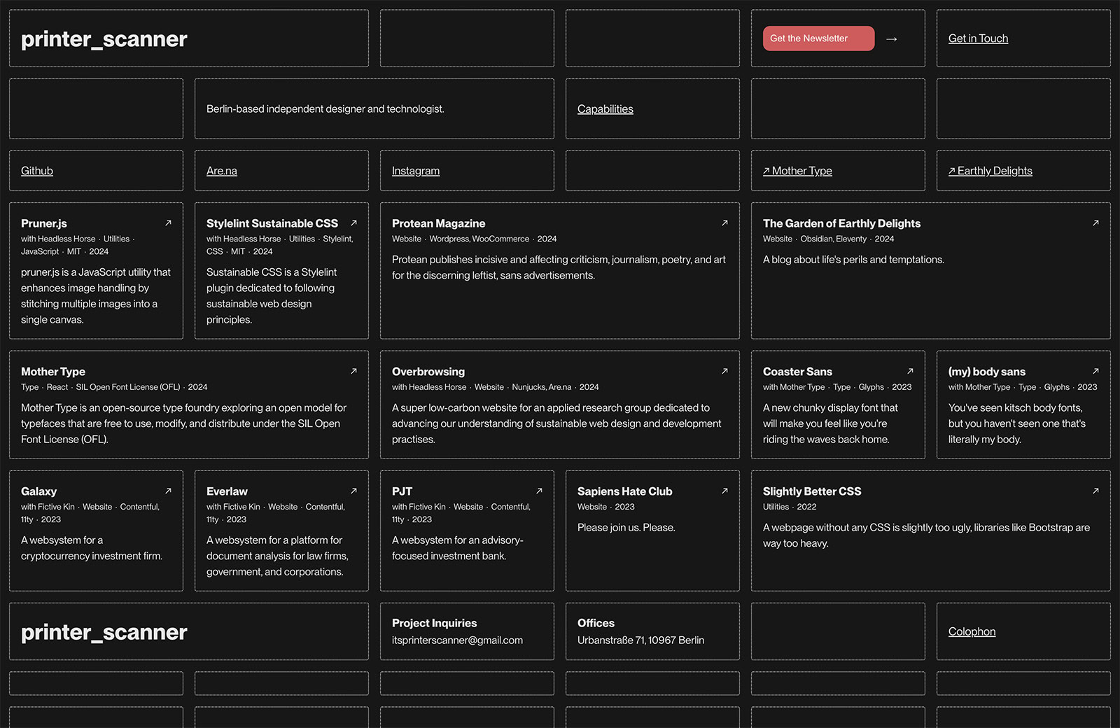 rutalist lives on in this visually basic but also pleasing site for design and technology studio Printer Scanner.